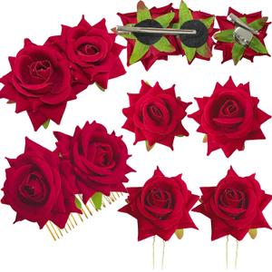 Red Rose Flower Hair Clips for Women - 6 Pcs Floral Hair Barrettes Pins Rose Hair Accessories for Bridal Wedding Halloween Costume, Havana Nights Flamenco Mexican Fiesta Dresses Party Prom
