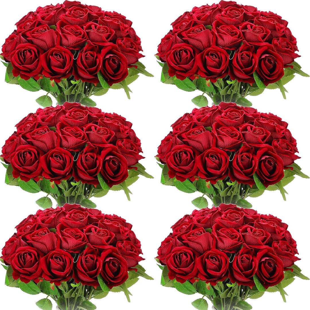 Jexine 50 Pcs Artificial Rose Flower Bulk Realistic Silk Fake Roses with Long Stem Plastic Artificial Flower Bouquet Real Looking for Home Wedding Centerpieces Party Decoration (Burgundy)