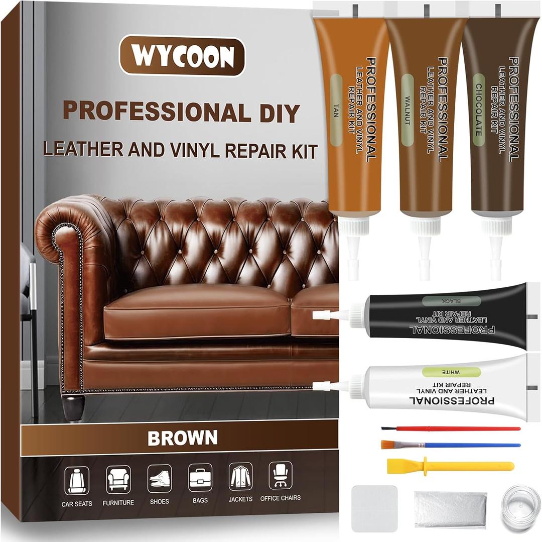 Brown Leather Repair Kit for Furniture, Leather Couch Repair Kit for Car Interior, Sofa, Car Seats and Purse with Super Easy Instructions, Restores Faux, Artificial, Genuine Pleather