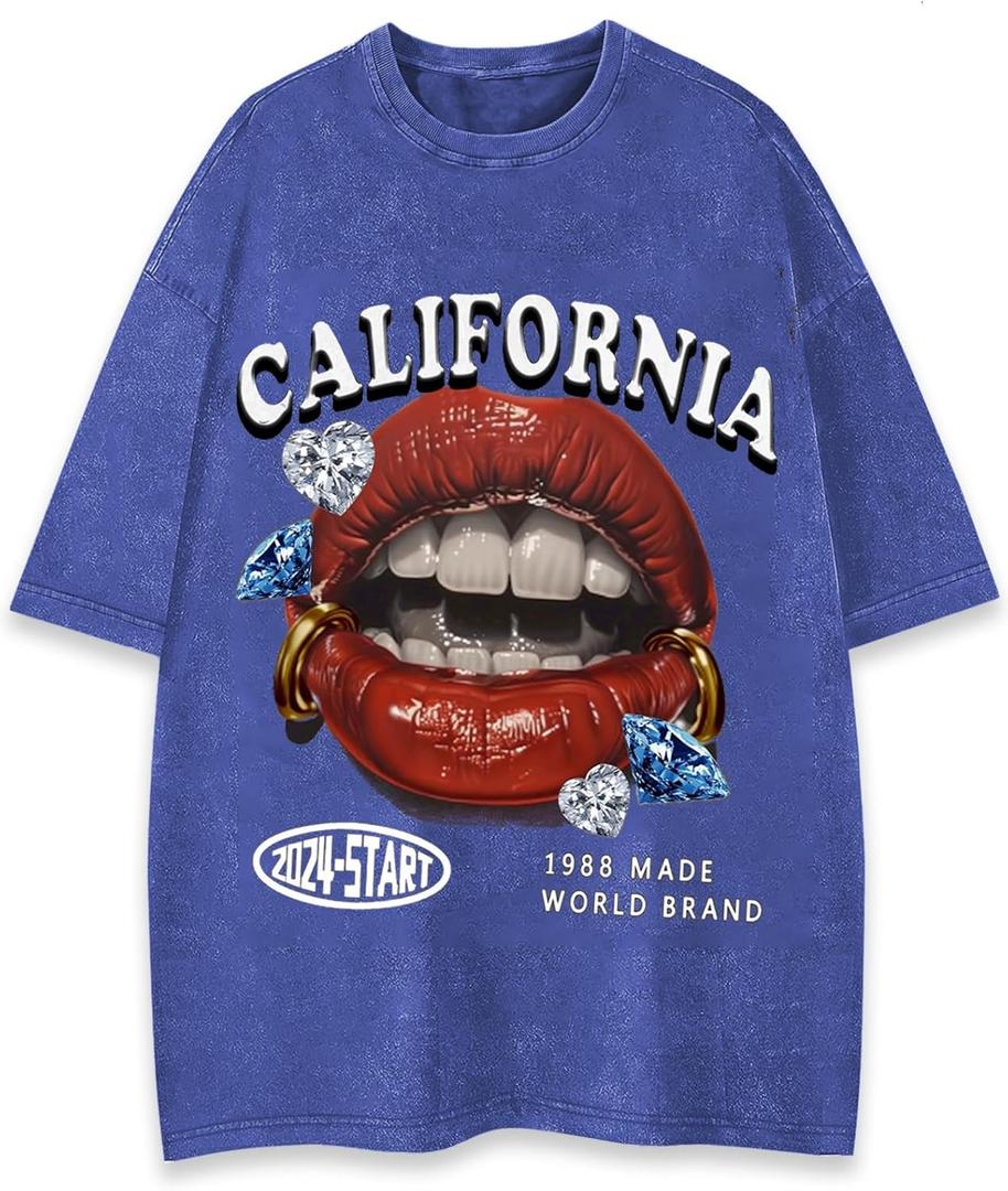 WDIRARA Men's Y2k Lip Graphic Print Tees Vintage Hipster Hip Hop Crew Neck T-Shirt Streetwear Top (X-Large, California Blue)