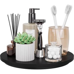 Lazy Susan for Table Top Bamboo Lazy Susan Organizer Turntable for Cabinet Kitchen Countertop for Condiment Bathroom Counter Organizer Decor Sink Tray Black 10 Inch