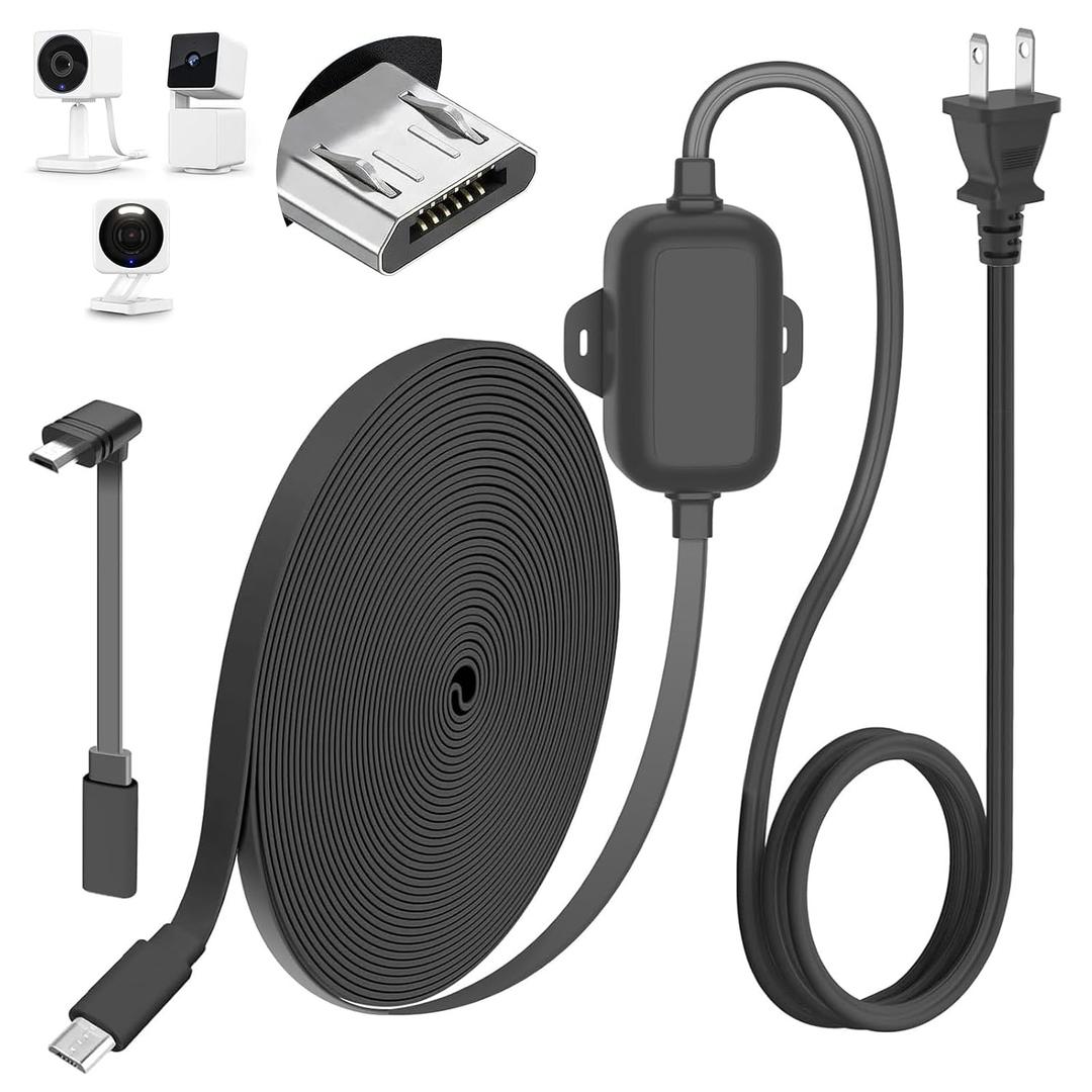 delilyn 25FT Outdoor Power Adapter for WYZE Cam V4/Cam OG/V3/V3 Pro, L-Shape Micro USB Extension Cable for WYZE Cam Pan V3, IP67 Waterproof Flat Cable Charge Your Camera