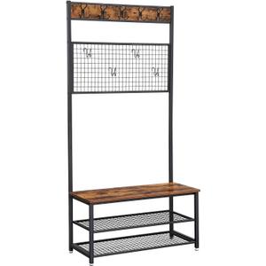 VASAGLE Industrial Coat Rack Stand, Shoe Rack Bench with Grid Memo Board, 9 Hooks and Storage Shelves, Hall Tree with Stable Metal Frame, Rustic Brown UHSR46BX