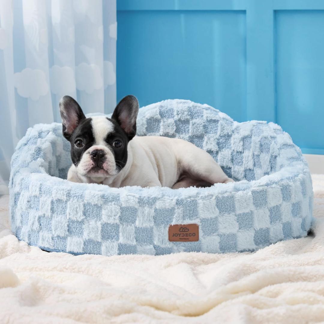 Joydeco Cloud Dog Bed for Small Dogs & Cats, Washable Pet Bed with Orthopedic Foam and Removable Checkered Plush Pad, Non-Slip Bottom for Indoor Puppies and Kittens, 27x24 Inch, Light Blue