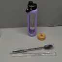 32 oz Glass Water Bottles - 1 Liter Motivational Tumbler Water Bottle Time Marker - Borosilicate Glass Water Bottle With Silicone Sleeve and 2 Lids, Handle Spout & Bamboo Straw Lid (Purple)