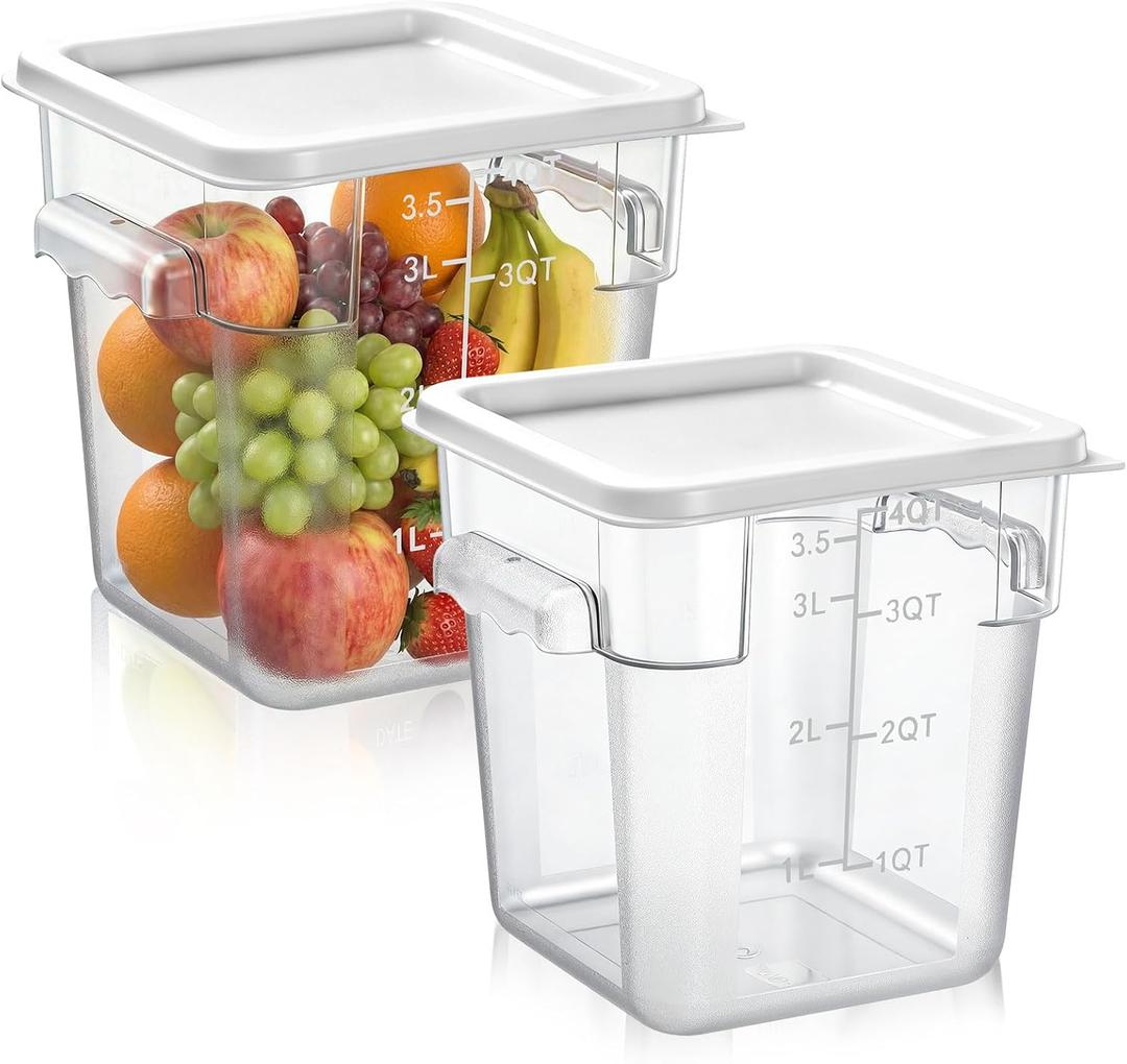 FoldTier 2 Pieces Square Food Storage Containers Polycarbonate Clear food Container with Lid Commercial Storage with Graduations for Commercial Kitchen Dough Marinating Meat(White,4 Qt)