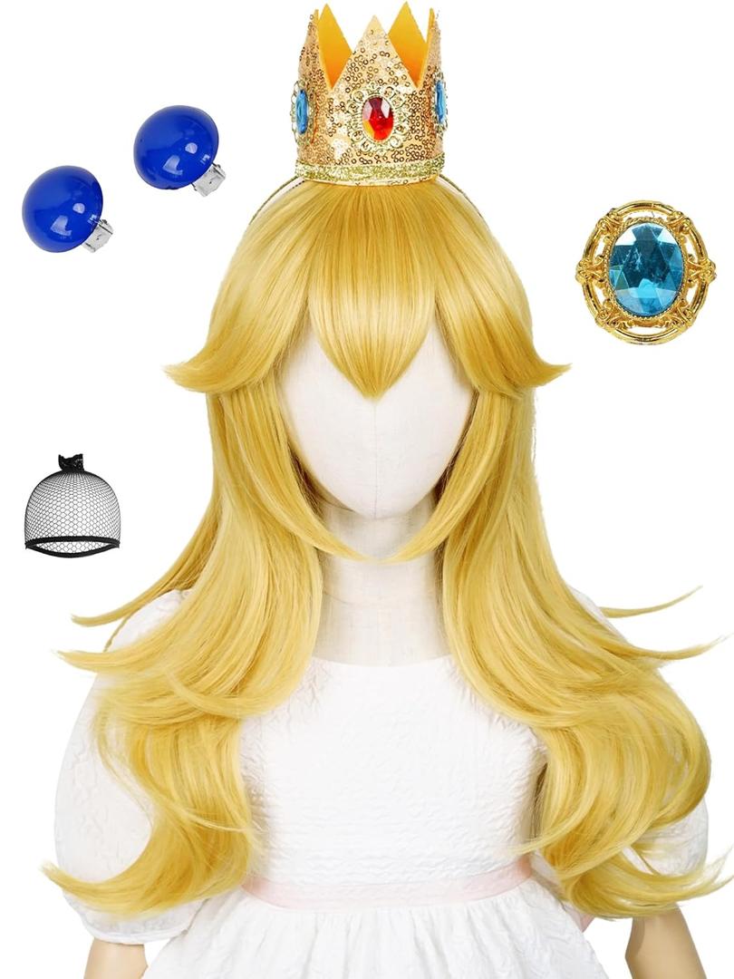 Half and Half Long Blonde Curly Princess Wig Set 22'' Golden Wave Wig with Bangs Synthetic Hair Wigs for Halloween Costumes Party