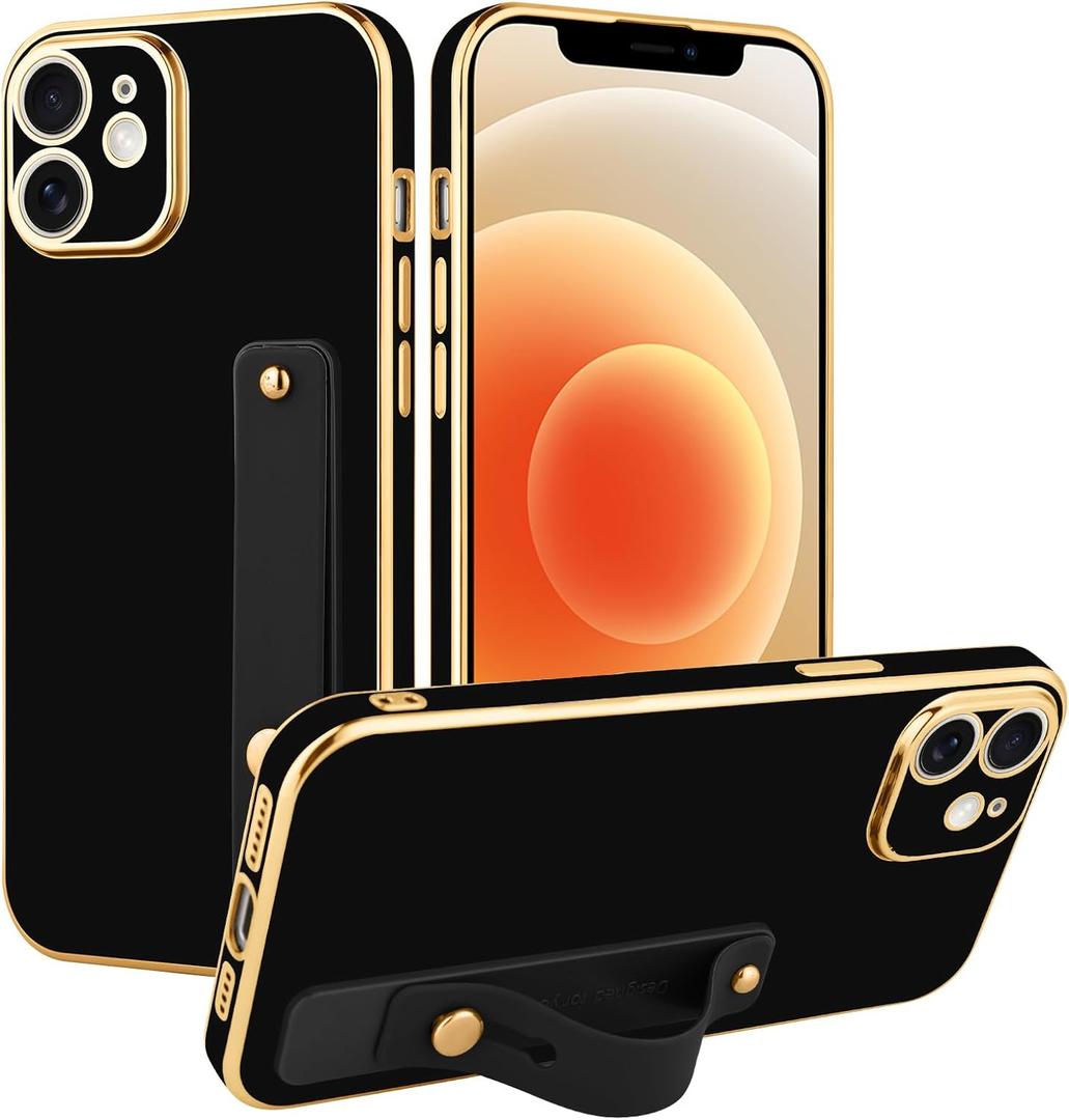 TEAUGHT for iPhone 12 Case with Wrist Finger Strap for Women Girls Men, Cute Luxury Plating Soft TPU Slim Shockproof Protective Cover with Adjustable Wristband Kickstand Holder (Black)