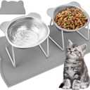 Elevated Cat Bowls, 2 Pack Raised Cat Food Water Bowls with Non-Slip Placemat, 15 Tilted Stand Anti Vomiting Stainless Steel Pet Food Feeding Dishes Plate for Cats Kitten Puppies Dogs Small Animals
