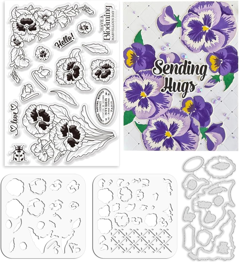 ORIGACH Realistic Pansy Stamps and Dies and Layering Coloring Stencil Set, Silicone Stamps Metal Die Cut and Flower Stencil Template for Card Making Scrapbooking DIY Crafting (Pansies)