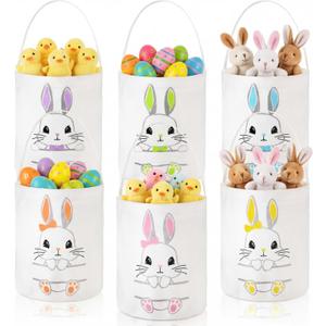 Photect 6 Pack Easter Baskets for Kids, Canvas Bunny Bucket Bags with Handles, Reusable Egg Hunt Tote Sacks, Pastel Colorful for Spring DIY Monogram & Party Favor Treats Goody Bags(Lovely)