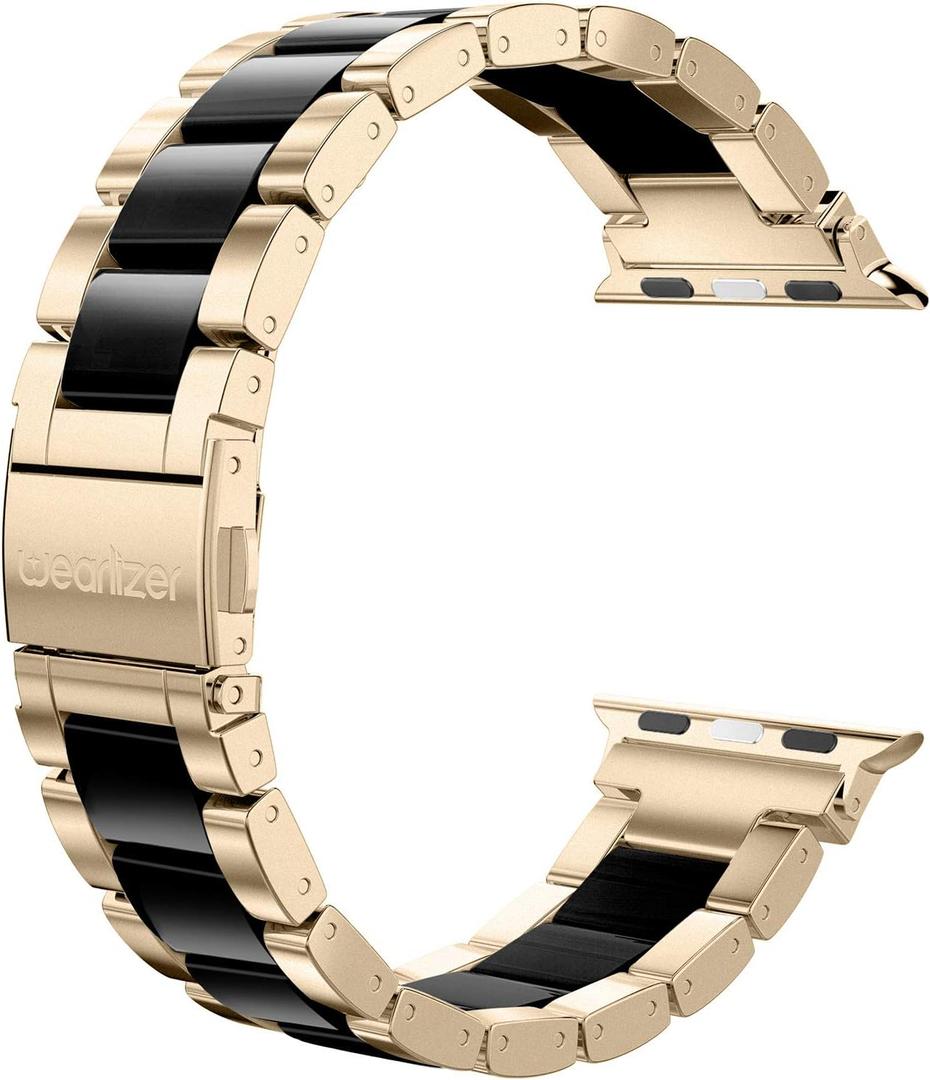 Wearlizer Compatible with Apple Watch Band 38/40/41/42mm Women's, Stainless Steel Wristbands Scrub Gold Resin Replacement Classic Bracelet Clasp iWatch Series 11 10 9 8 7 6 5 4 3 SE/Ultra 3 2 1/Sport (Champange Gold+Black)