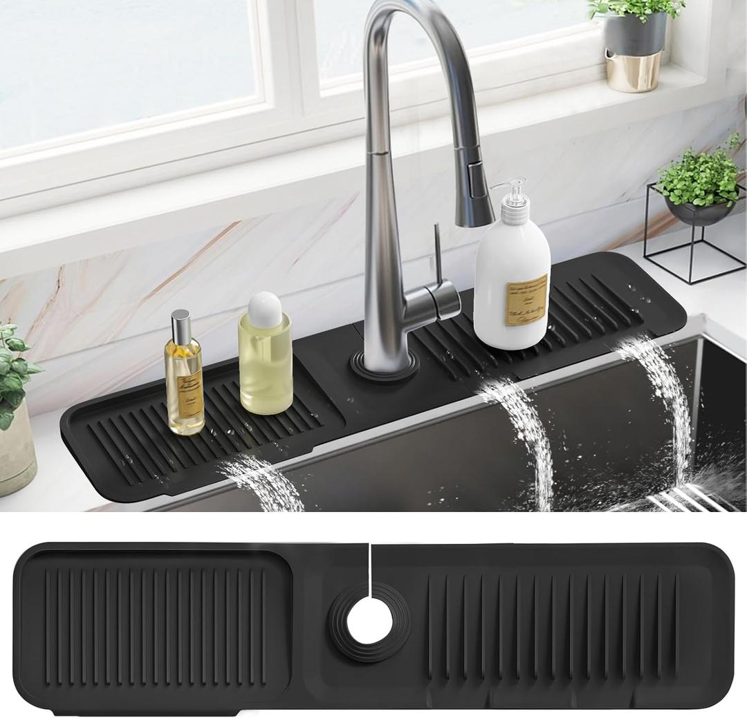 PoYang 24 Inch Faucet Mat for Kitchen Sink Splash Guard Behind Faucet, Sink Protectors for Kitchen Sink Faucet Mat Splash Guard for Kitchen Sink Area, Longer Silicone Faucet Guard Draining Mat, Black (23.6" x 5.5")