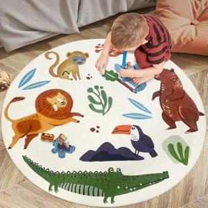 Kids Play Mat 4Ft Round Jungle Animal Carpet Circle Zoo Bedroom Rug for Boys Girls Nonslip Soft Bathroom Children Playroom Plush Floor Rug for Nursery Living Room Decor (4'X4')