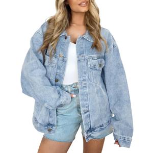 AUTOMET Women's Oversized Jeans Jacket, Classic Button Down Denim Jacket with Chest Pockets, Loose Fit Boyfriend Style Coat (Blue, S)