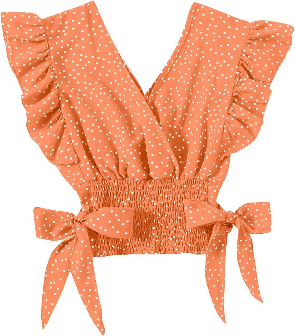LYANER Women's V Neck Ruffle Cap Sleeve Side Bow Knot Shirred Hem Blouse Crop Tank Top (Orange), size XL