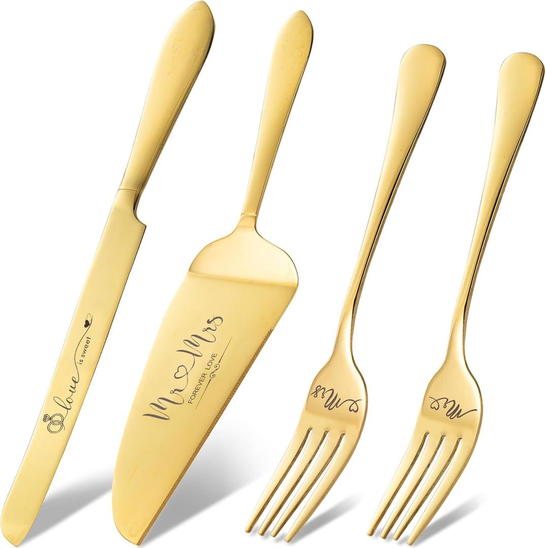 Gold Cake Cutting Set for Wedding, Wedding Cake Knife and Server Set, Cake Cutter and Pie Server Set of 4 for Mr and Mrs Wedding Gifts (Gold)
