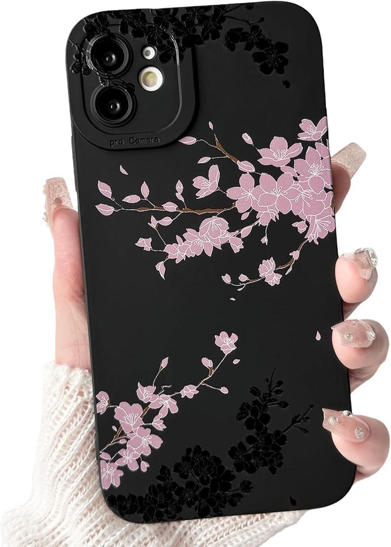 NITITOP Compatible with iPhone 12 Mini Case Cute Aesthetic Cherry Blossom Pattern Design for Women Girls Soft TPU Shockproof Full Camera Protective Phone Cover - Black Pink