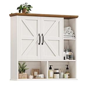 Bathroom Wall Cabinet, Farmhouse Medicine Cabinet with Double Barn Door and Adjustable Wood Shelf, Over The Toilet Storage Cabinet for Wall Mounted for Bathroom Laundry Room Kitchen (White and Brown)