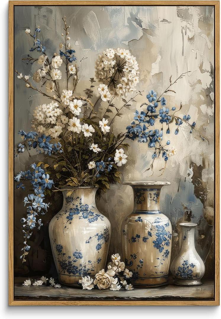 Framed Rustic Farmhouse Floral Canvas Wall Art Blue and White Vase Poster Prints Vintage Still Life Flower Picture Elegant Rural Countryside Painting Wall Decor for Living Room Office Bedroom 16x24in
