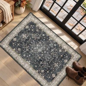 Black Washable 2x3 Entry Rug, Small Rugs for Entryway Kitchen Bathroom Door Mat Indoor Entrance, Non Slip Rubber Backing, Stain & Fade Resistant, Ashen Charcoal Floral Farmhouse Decor