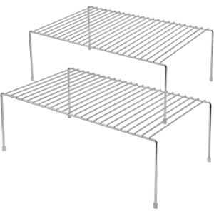 GEDLIRE Kitchen Cabinet Shelf Organizer Set of 2, Large (15.7 x 9.4 inch) Metal Wire Pantry Storage Shelves, Dish Plate Racks for Cabinets, Freezer, Counter, Cupboard Organizers and Storage, Chrome