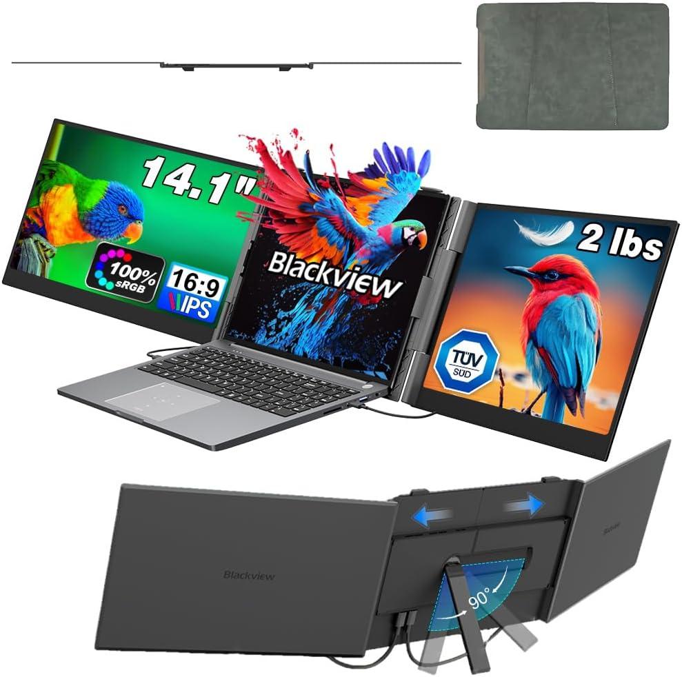 Blackview Laptop Screen Extender,14" 1080P FHD IPS Portable Triple Monitor for Laptops,Two Cable USB C Travel for 13-17'' Laptop, 4.5 mm Detachable Monitor Extender for Windows/Mac/Chrome OS - DCM6