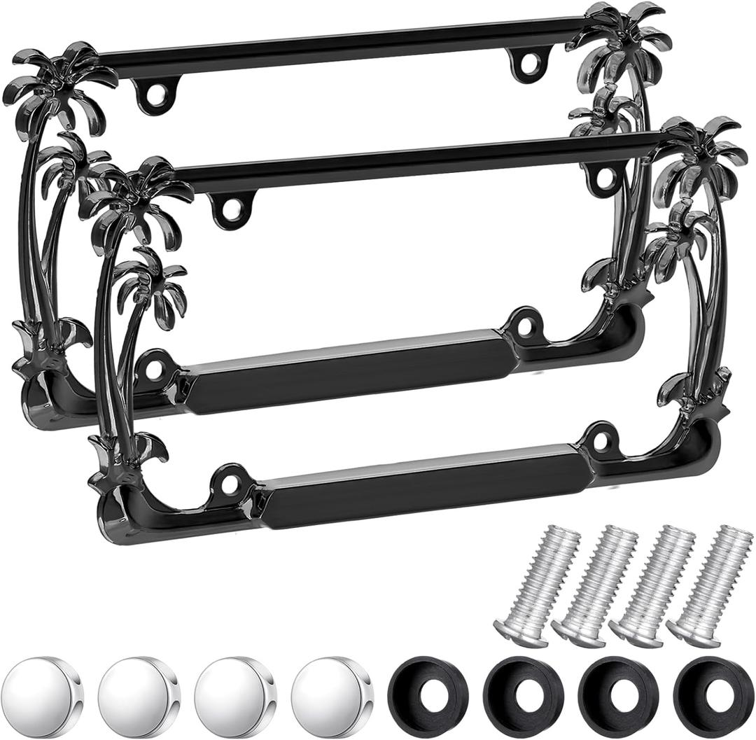 2 Pcs Palm Tree License Plate Frame Plastic Beach Coconut Tree Design Frame Compatible with Standard License Plate for USA 2 Holes with Screws for Women Men(Black)