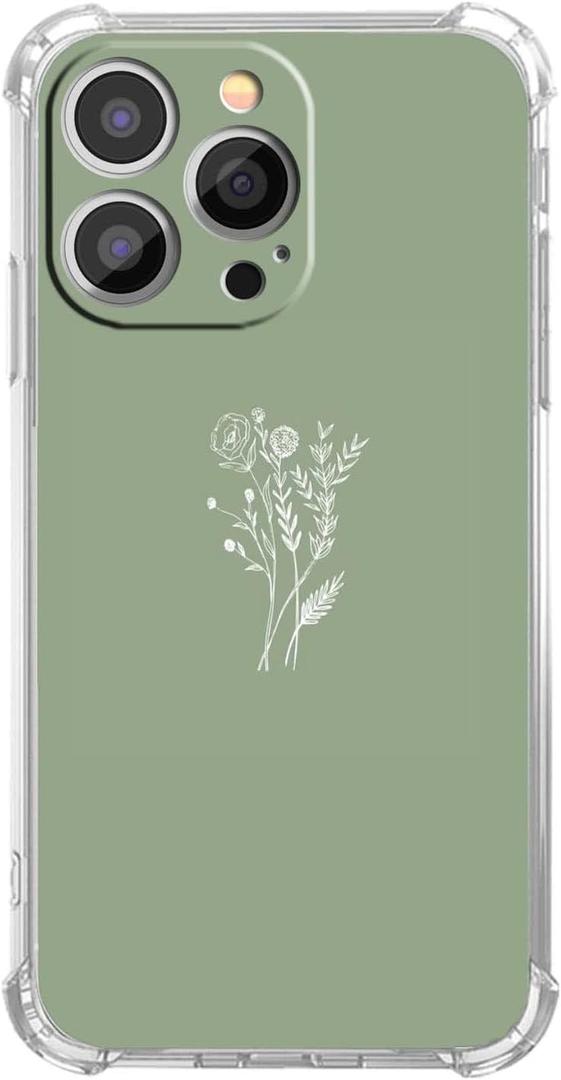 Green Flower Case Compatible with iPhone 13 Pro,Aesthetic Minimalist Botanical Pattern,Unique Trendy TPU Bumper Case for iPhone 13 Pro