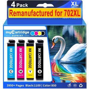 myCartridge SUPRINT 702 Ink Cartridges Remanufactured High Yield Replacement for 702XL Ink Cartridges Combo Pack 702 XL T702XL use with Workforce Pro WF-3720 WF-3730 WF-3733 Printer (4 Pack)