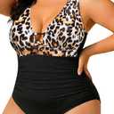 Yonique Women Plus Size One Piece Swimsuit Tummy Control Bathing Suits Lace up Plunge Swimwear Leopard and Black 16W