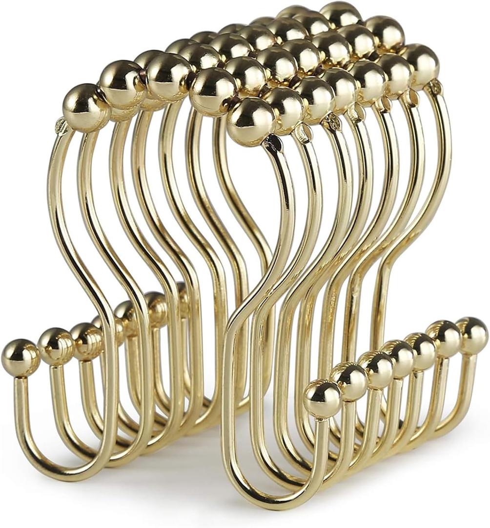 Goowin Shower Curtain Hooks, 12 Pcs Shower Curtain Rings, Stainless Steel Gold Shower Curtain Hooks, Rust Proof Shower Curtain Hangers, Smooth Sliding Anti-Drop Shower Rings for Curtain (Gold) (Modern)