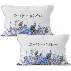 Inspirational Hydrangea Floral Throw Pillow Covers 16x24, Live Life in Full Bloom Cottagecore Flower Decorative Pillow Covers for Home Bedroom, Inspirational Gifts Accent Pillows Cover Pillowcases