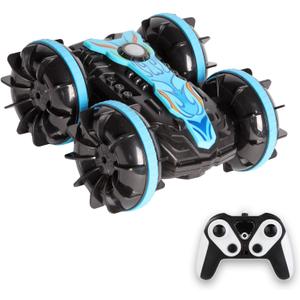 Amphibious Remote Control Car for Kids, 4WD 2.4GHz RC Stunt Vehicle with 360 Spins, Waterproof All-Terrain Truck with LED Lights, Birthday for Boys Girls, Beach Pool Fun Toy (Single Controlled - Blue)