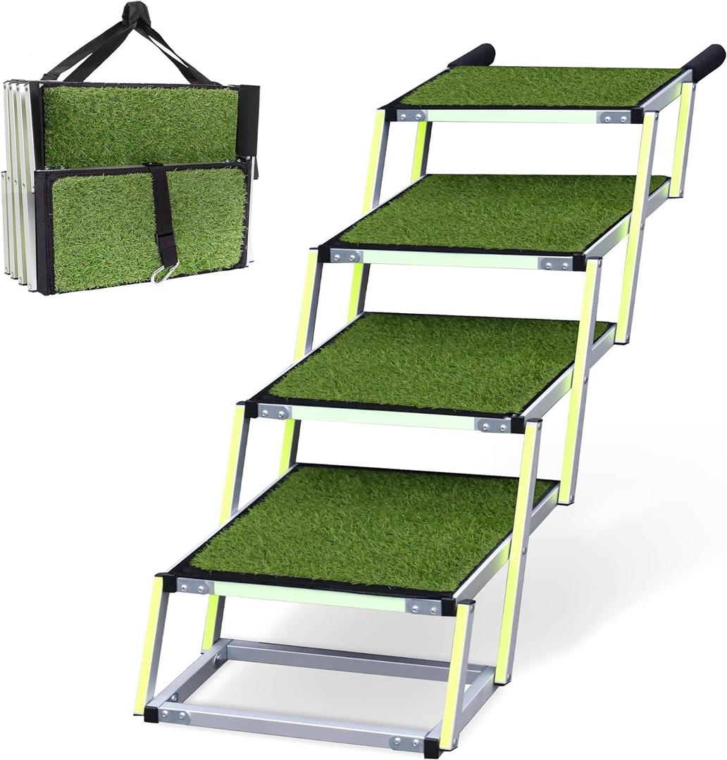 Dog Stairs for Large Dogs PRIORPET - Glow in The Dark Marking - Foldable Dog ramp for Car Small to Medium Size- Dog Steps for Car - Grass Padded Dog Steps for Large Dog - Pet Stairs 4 Steps (4 Grass)
