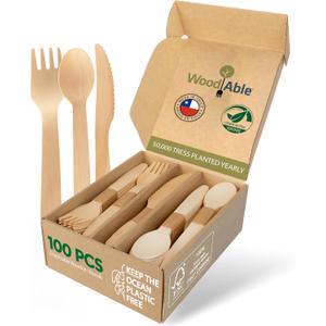 Disposable Wooden Cutlery Set - 100% Home Compostable - 100 Mix - (40 Forks, 40 Spoons and 20 Knives) 6.5", Bamboo Utensils Alternative, Eco-Friendly, Organic, Sustainable and Carbon Neutral Certified