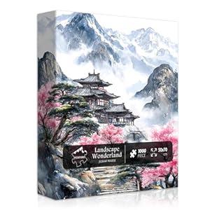 PICKFORU Landscape Puzzles 1000 Piece for Adults, Nature Mountain Scenic Puzzle with Cherry Blossom Tree, Vintage Flower Retro Scenery Unique Art Impossible Jigsaw Puzzle