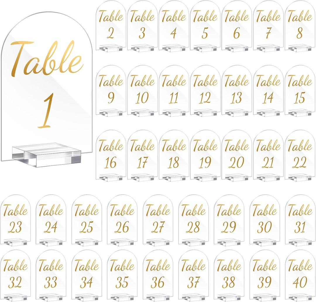 Qunclay 40 Pack 5 x 7 Inch Gold Acrylic Wedding Table Number 1-40 Clear Table Stand with Numbers Calligraphy Number Holders Signs for Wedding Reception Birthday Party Decorations