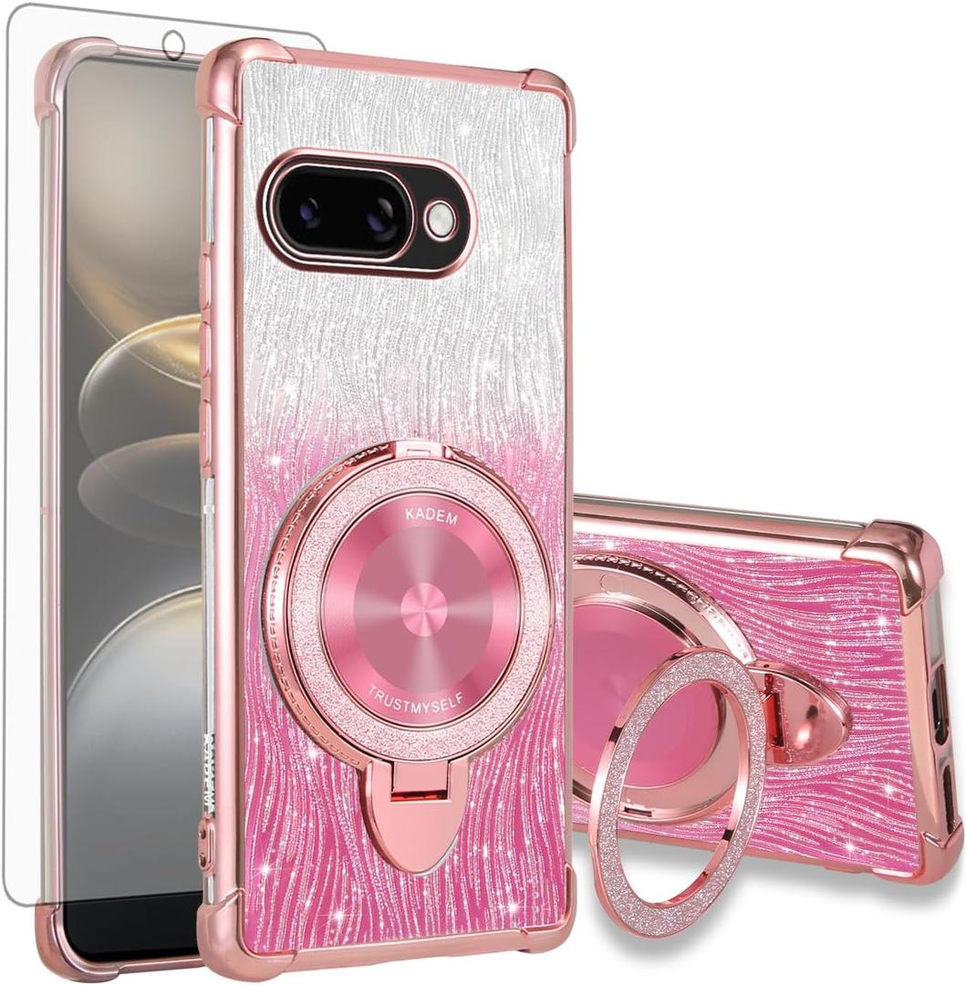 Asuwish Phone Case for Google Pixel 9A Magnetic Cell Cover with Tempered Glass Screen Protector and Bling Glitter Shockproof Stand Hybrid Ring Hard Holder Accessories Pixel9A A9 5G Women Girls Pink