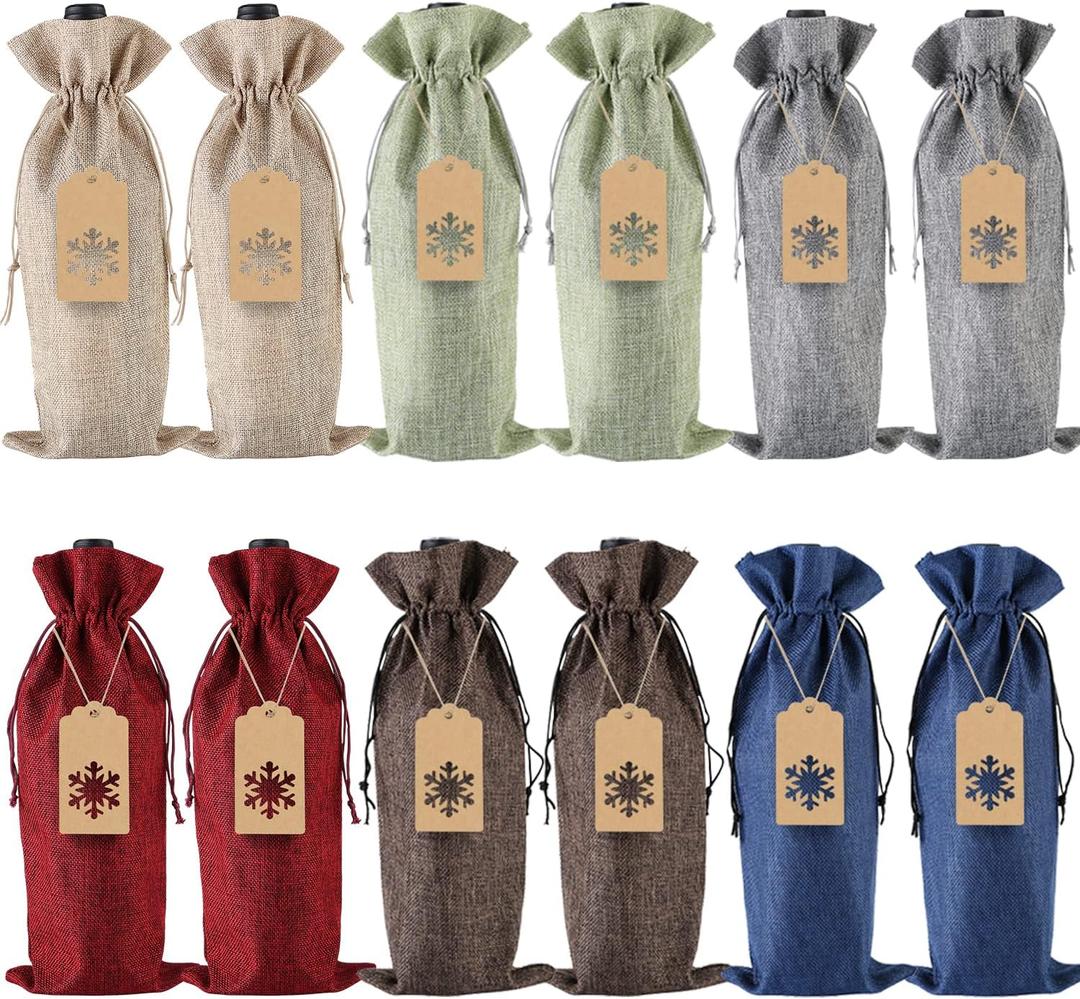 Burlap Gift Bags,12 Pcs Jute Drawstring Bottle Covers with Ropes and Tags for Christmas, Wedding, Travel, Birthday, Holiday Party (6 Colors)
