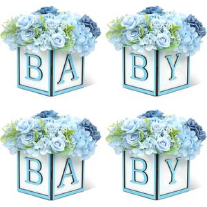 Baby Shower Centerpieces for Table - 4 Set of Wood Boxes with BABY Letters 6 x 6 inch Cube Planter Vase Baby Blocks for Boys Baby Shower Gender Reveal Favor - Blue