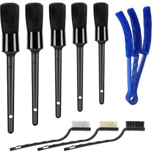 9pcs Auto Car Detailing Brush Set/ Interior Cleaning Kit Includes 5 Soft Premium Detail Brush, 3 Wire Brush & 1 Vent Cleaning Brush for Cleaning Interior, Dashboard, Engines, Leather, Wheel (black)