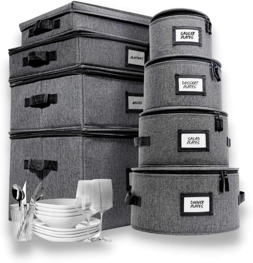 HOMELUX THEORY 8pcs Hard Shell China Storage Containers, Mug Storage, Wine Glass, Utensils, & Plate Storage Containers with Lid, Heavy Duty Dinnerware Storage for Packing Plates, Glassware & Cutlery (Dark Gray)