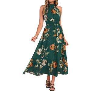 Simplee Womens Summer Halter Wedding Guest Dress Maxi Floral Vacation Boho Sundresses Flowy Formal Long Travel Dresses 2026 (X-Large, Green)