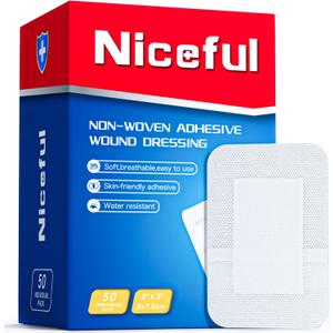 Niceful 50Pcs Adhesive Gauze Bandages 2"x3", Water-Resistant Wound Island Dressing, Sterile & Absorbent Medical Grade Dressing Pad First Aid Dressing Pads