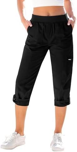 GRAPENT Capri Cargo Pants for Women High Waisted Pull On Elastic Waist Stretch Twill Fold Hem Capris Pants with Pockets XL