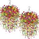 Der Rose 2Pcs Artificial Hanging Flower Basket for Outdoors Fake Hanging Flowers Plants with 4 Faux Silk Trailing Vines for Porch Patio Balcony Spring Decor 