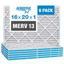 Aerostar 16x20x1 Air Filter MERV 13 (For Allergies, Dust, Lint, Mold, Pet Dander, Smoke, Smog & Bacteria) - Electrostatic MPR 1500 - 1900 & FPR 10 - Pleated HVAC AC Furnace Air Filters - Pack of 6