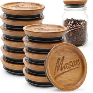 12 Pack Wooden Regular Mouth Mason Jar Lids Canning Supplies Small Mouth Mason Jars Tops Accessories Glass Jars with Wood Lid for Jar Cover Rings Decorative Silicone Jar Lids Reusable Canning Lids