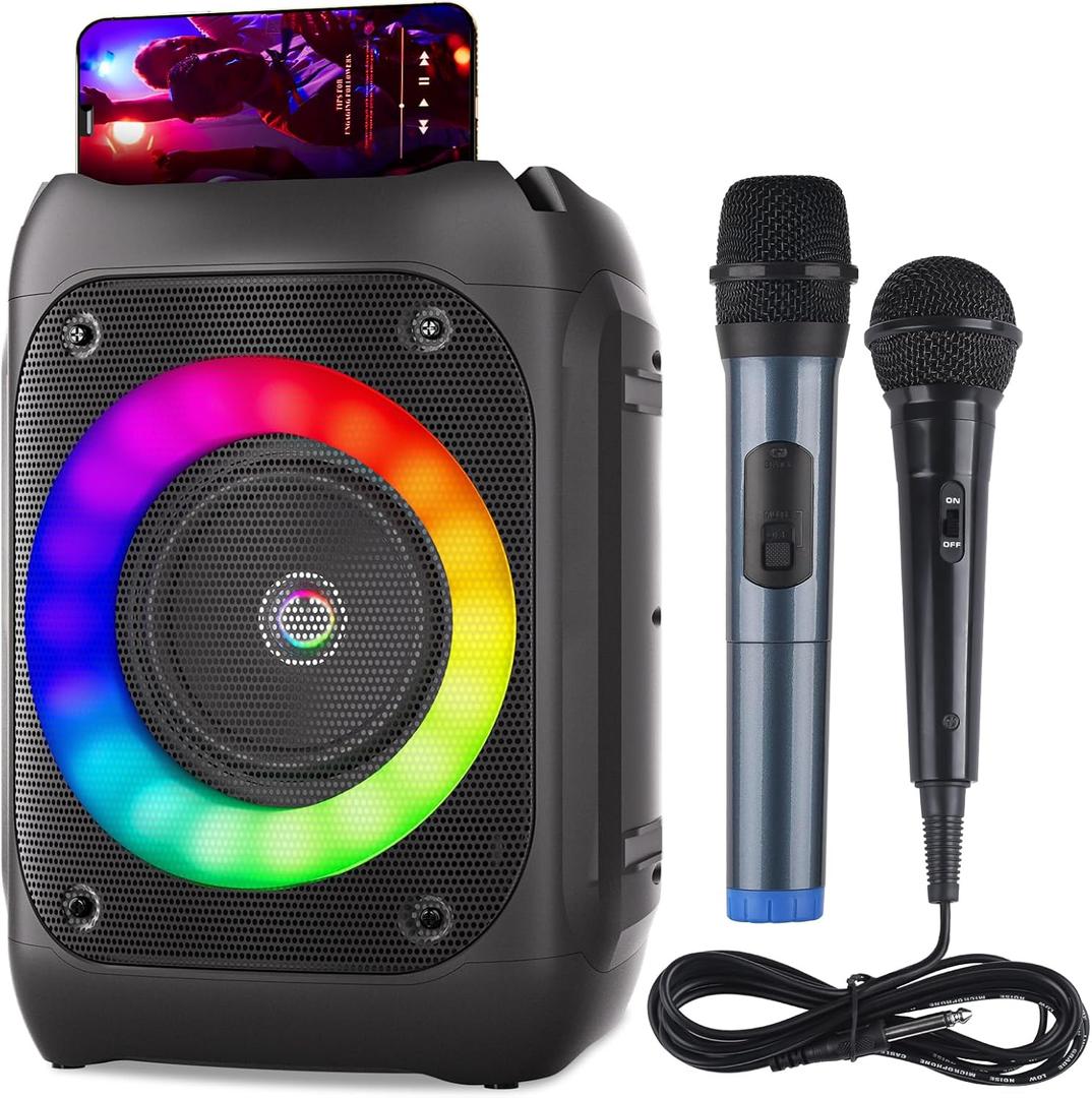 Ankuka Karaoke Machine for Kids Adults, Portable Bluetooth Karaoke Speaker with 1 Wireless Microphone and 1 Wired Mic, Unpowered Speaker Pa System with Led Lights for Homer Party/Birthday Gifts